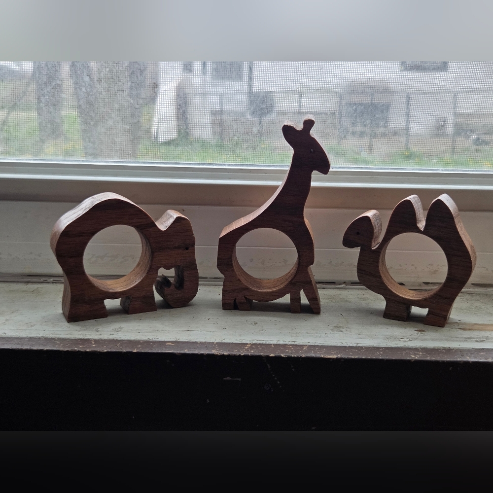 Handcrafted Wooden Animal Napkin Rings - Elephant, Giraffe, Camel